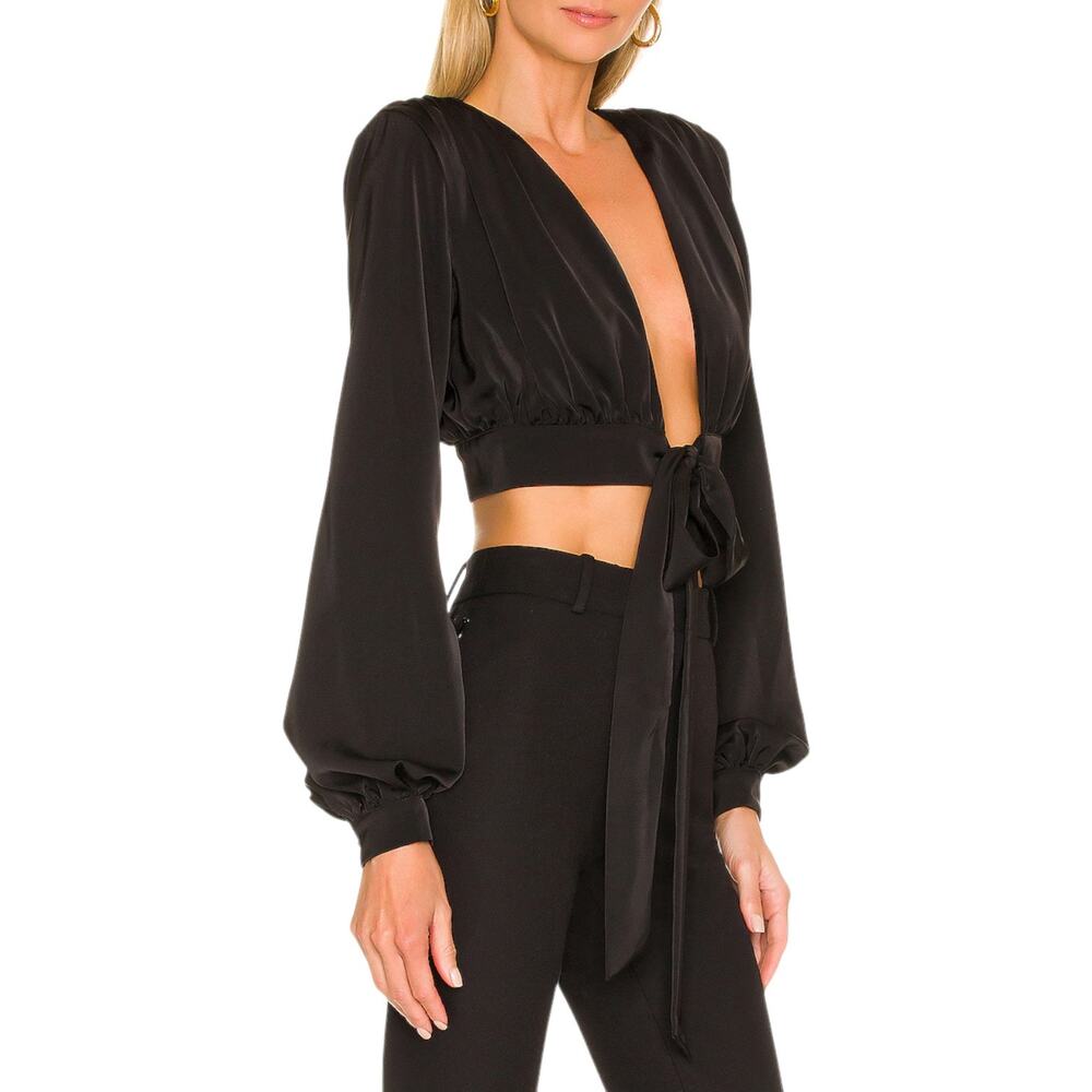 NBD Imogen Top Black Satin Cropped Wrap Deep V Tie Blouson Sleeve Padded S Twee - Picture 11 of 16
